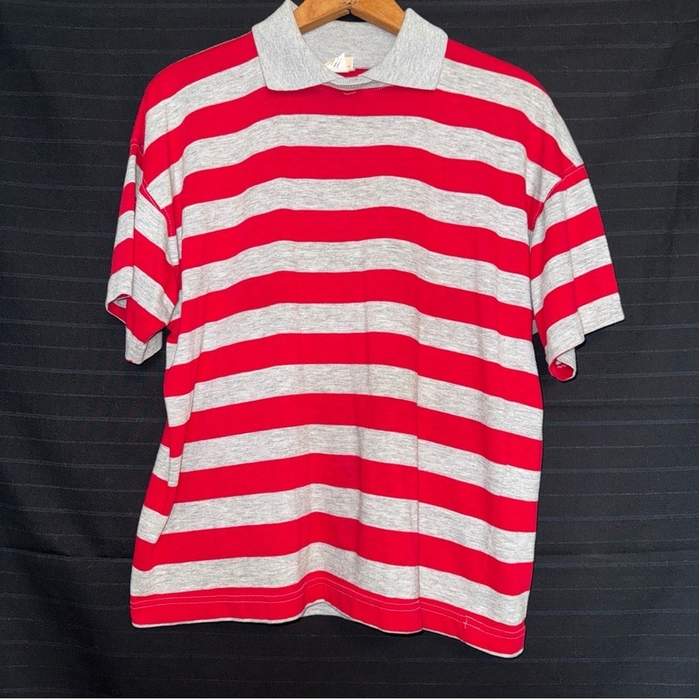 The Fox Collection Mens S/S Gray Red Stripe Collared Shirt Vintage 80s Preppy M